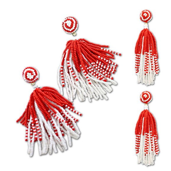 Football Team Fan Red White Beaded Tassel Cheerleader Long Earrings - Picture 2 of 2